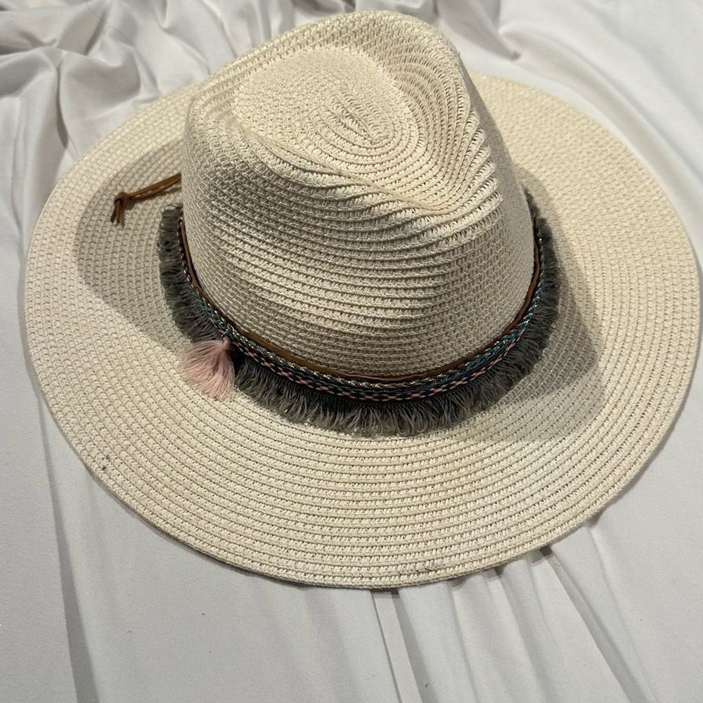 Cream Fedora Hat with Fringe Detail